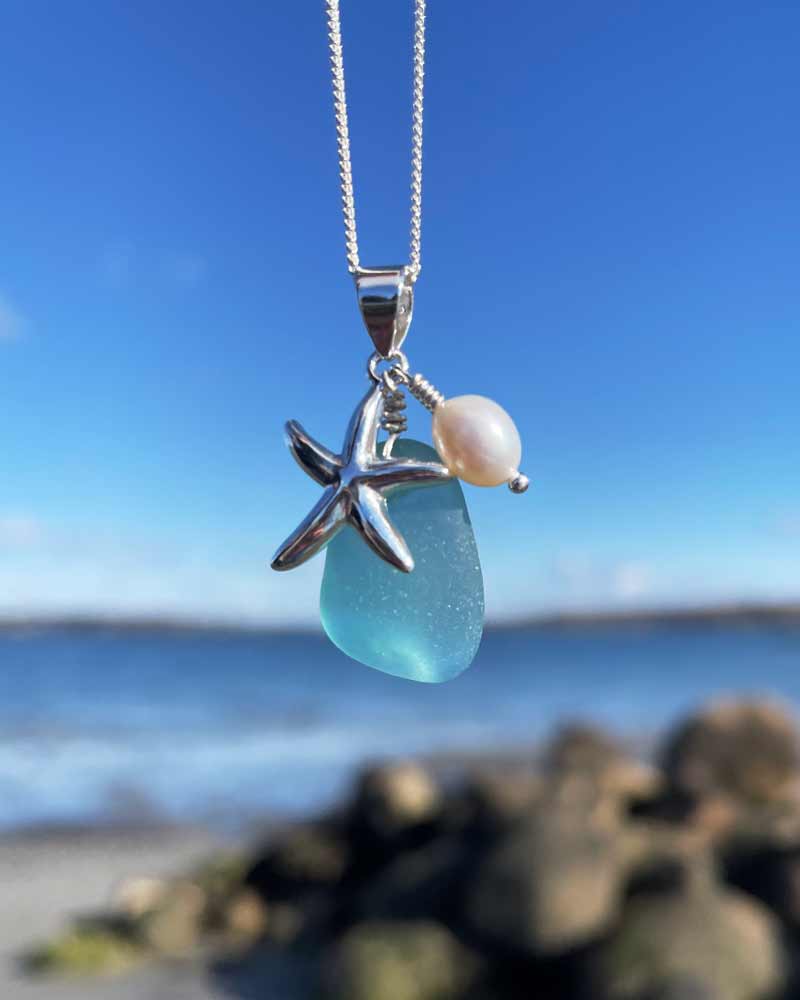 Teal Sea Glass Necklace with Starfish & Pearl