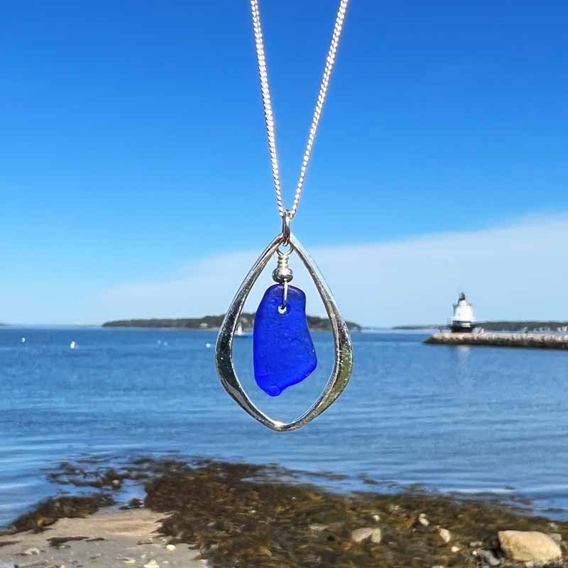 Cobalt Blue Sea Glass Tear Drop Necklace