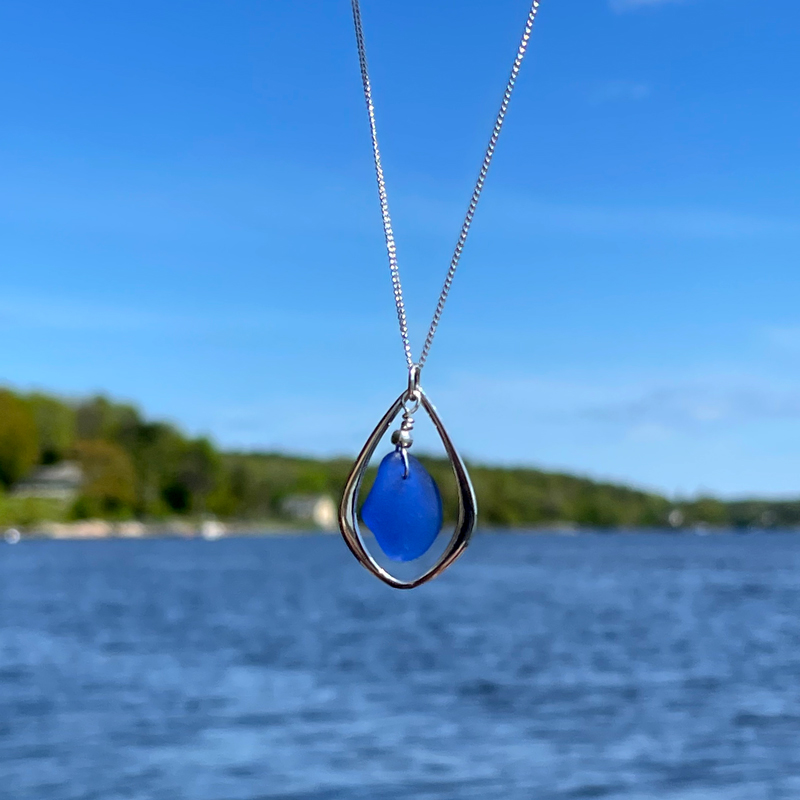 Blue Sea Glass Teardrop Necklace