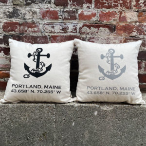 Portland, Maine Latitude & Longitude Pillow with Anchors - Black & Grey