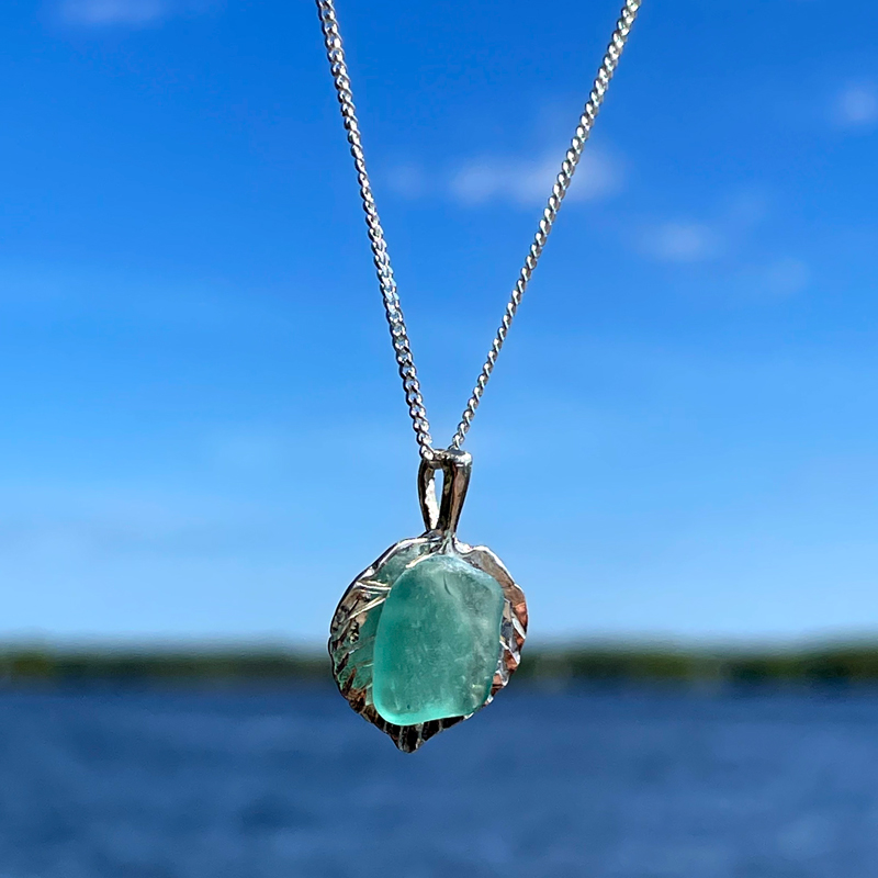 Light Teal Sea Glass on Aspen Leaf Necklace