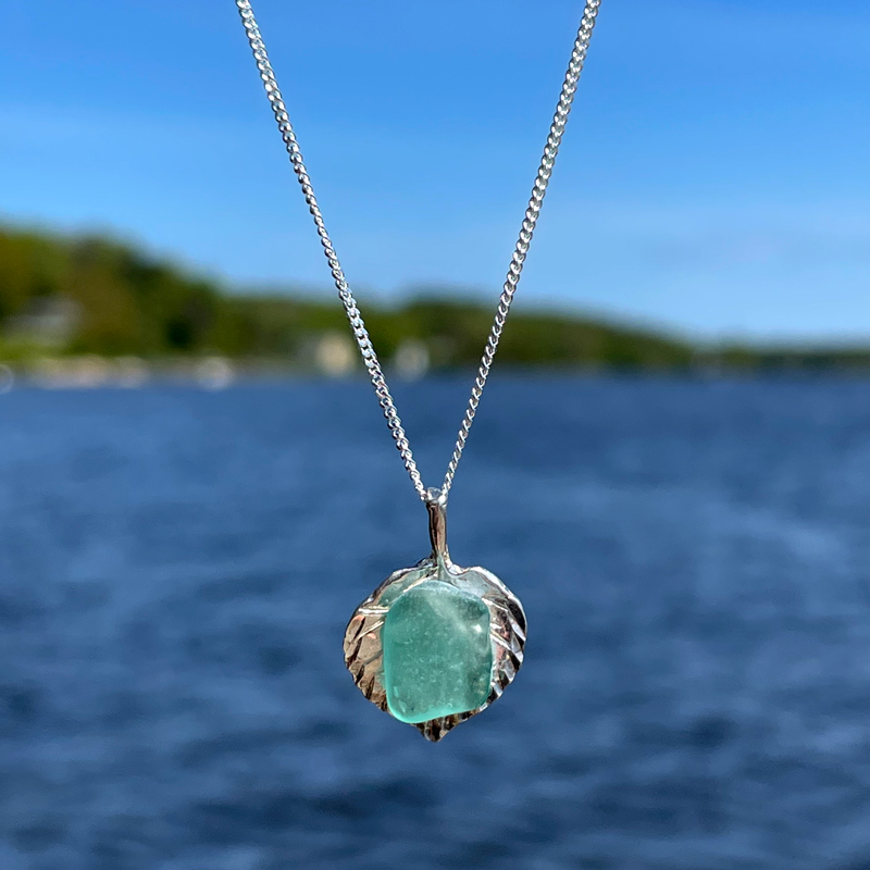 Light Teal Sea Glass on Aspen Leaf Necklace