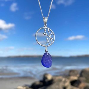 Cobalt Blue Sea Glass Seaweed Circle Necklace