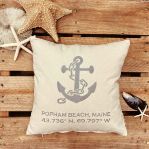 Popham Beach Latitude & Longitude Pillow with Grey Anchor