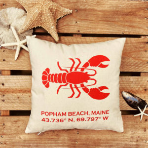 Popham Beach Latitude & Longitude Pillow with Red Lobster