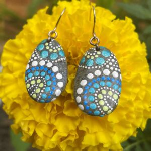 Blue Lime Mandalas Beach Stone Earrings