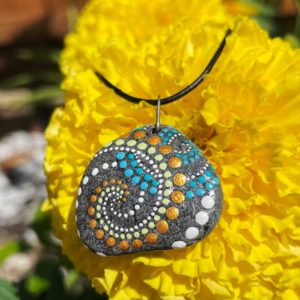 Teal & Gold Dot Swirl Beach Stone Necklace
