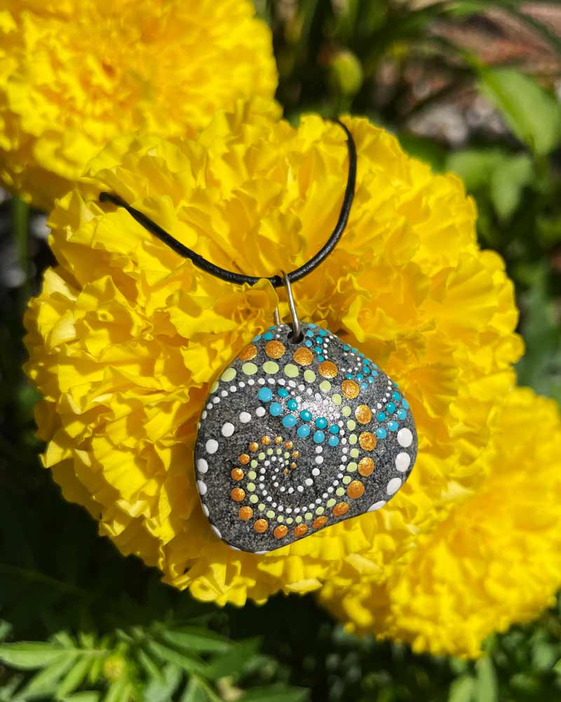 Teal & Gold Dot Swirl Beach Stone Necklace