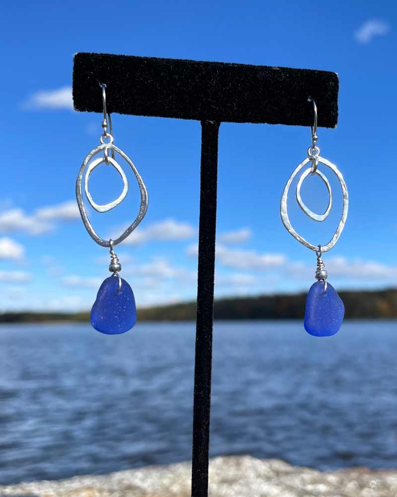 Cobalt Blue Sea Glass Double Abstract Oval Earrings 01