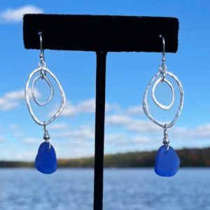 Cobalt Blue Sea Glass Double Abstract Oval Earrings 02