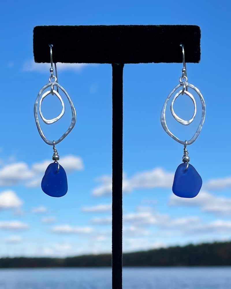 Cobalt Blue Sea Glass Double Abstract Oval Earrings 03