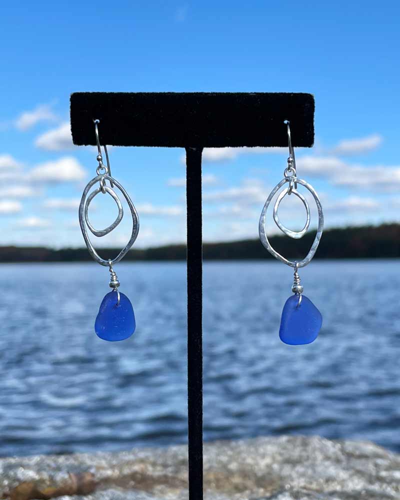 Cobalt Blue Sea Glass Double Abstract Oval Earrings 04