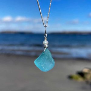 Teal Sea Glass with Pearl Necklace