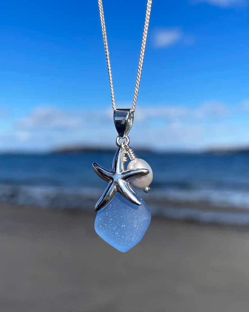 Light Blue Sea Glass with Starfish and Pearl Necklace