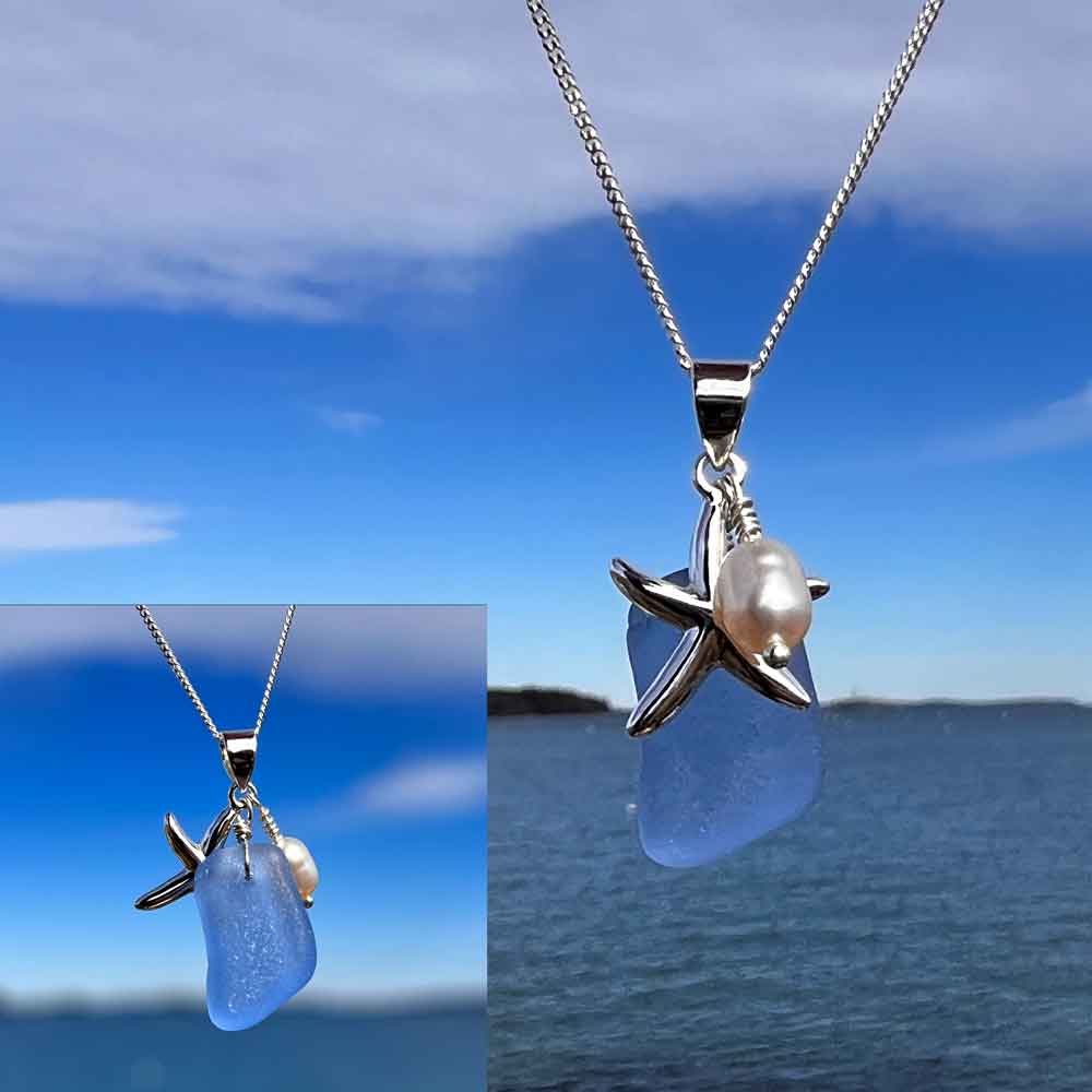 Light Blue Sea Glass with Starfish & Pearl Necklac