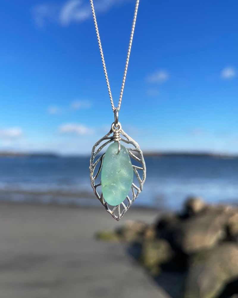 Light Green Sea Glass with Leaf Necklace