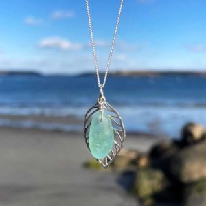 Light Green Sea Glass with Leaf Necklace