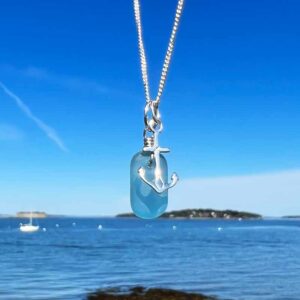 Light Blue Sea Glass with Tiny Anchor Necklace