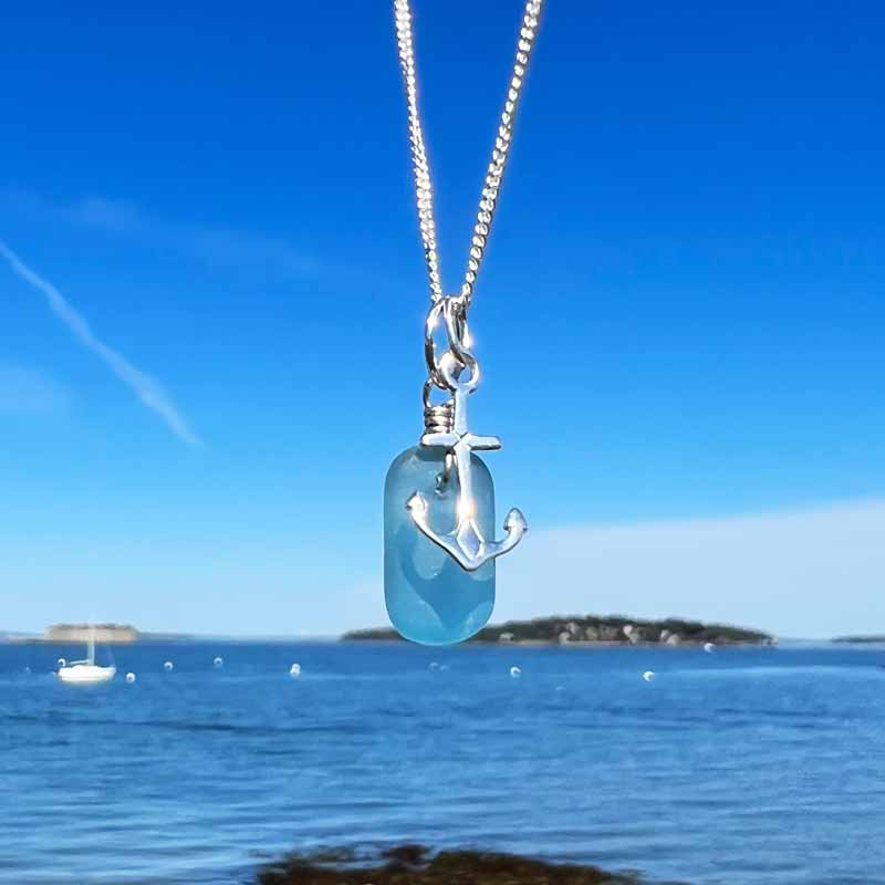 Light Blue Sea Glass with Tiny Anchor Necklace