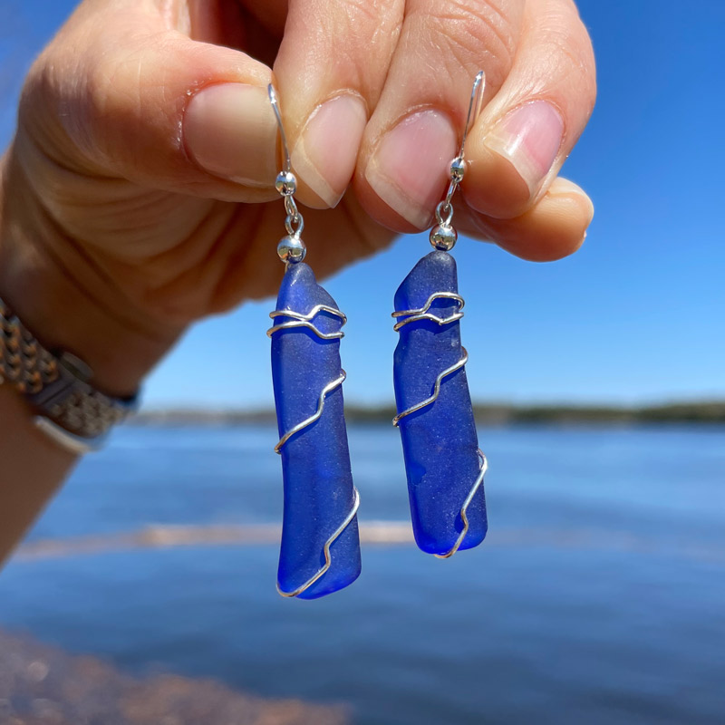 sea glass earrings in cobalt blue  suegray jewelry