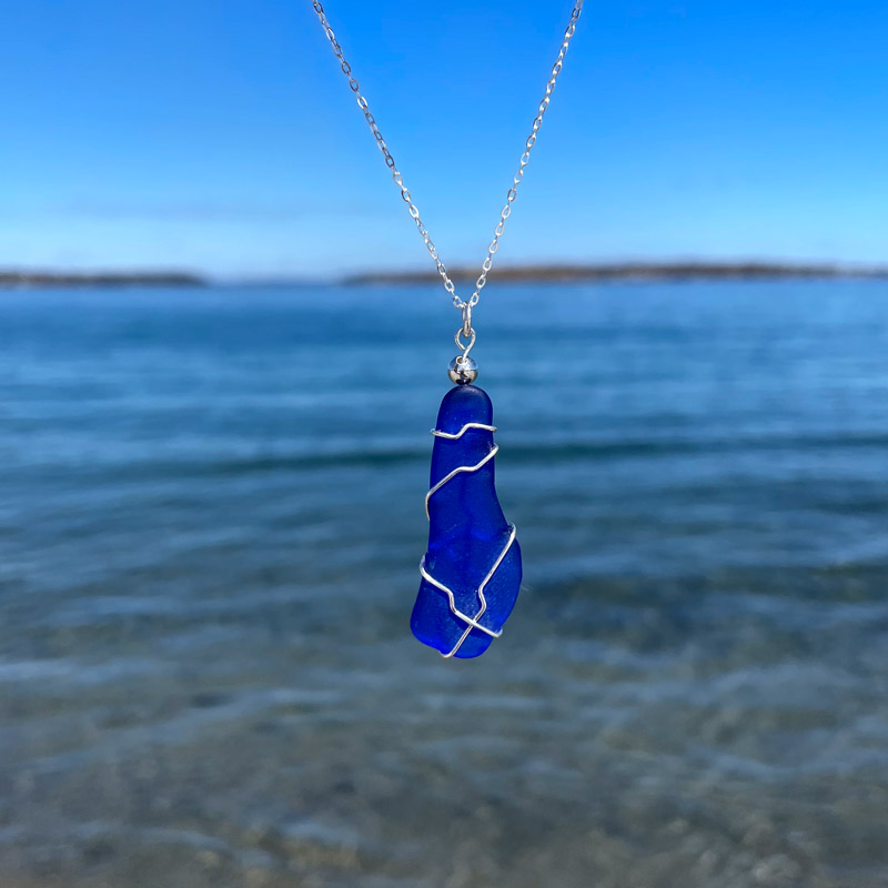 Min Favorit Cobalt Blue Sea Glass Rectangle & Silver Pl Necklace Pendant 