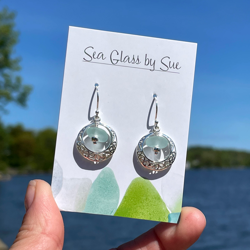 Silver Filigree Circle Sea Glass Earrings