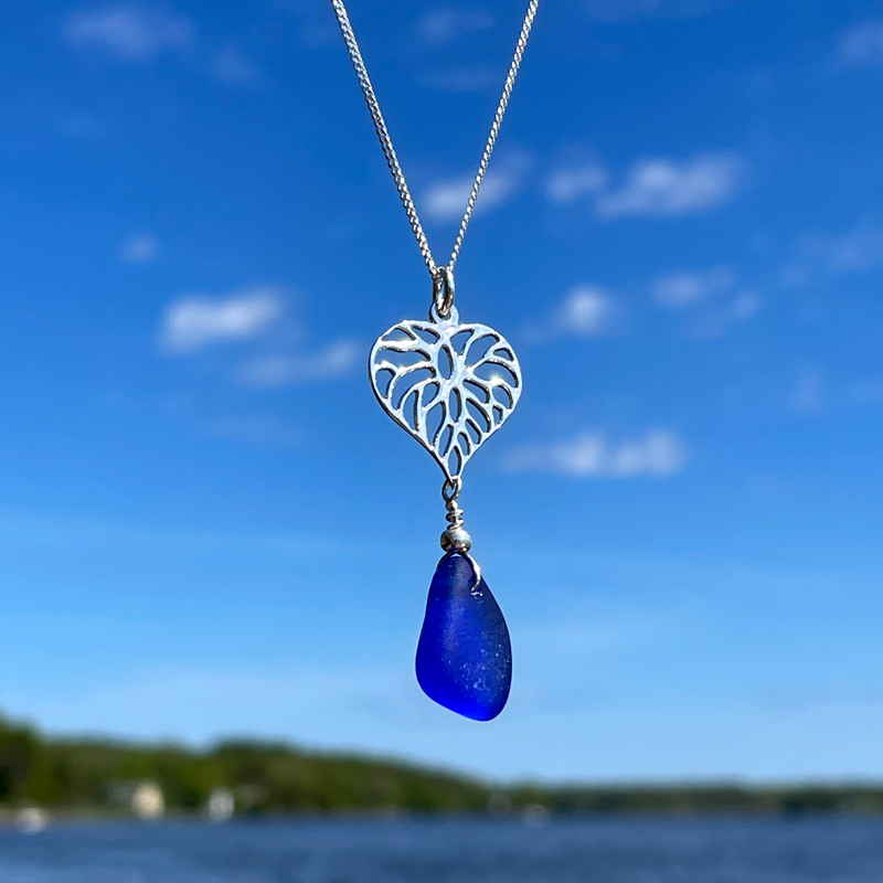 Cobalt Blue Filigree Heart Sea Glass Necklace