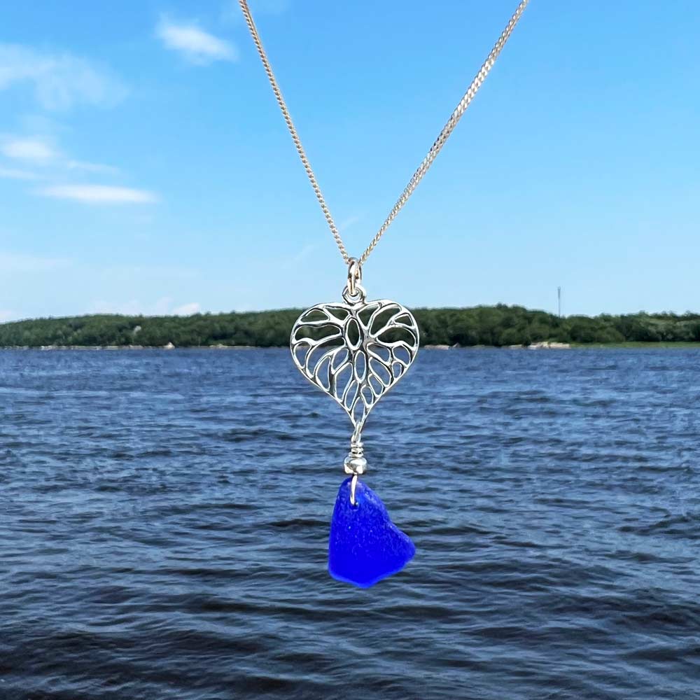 Cobalt Blue Filigree Heart Sea Glass Necklace