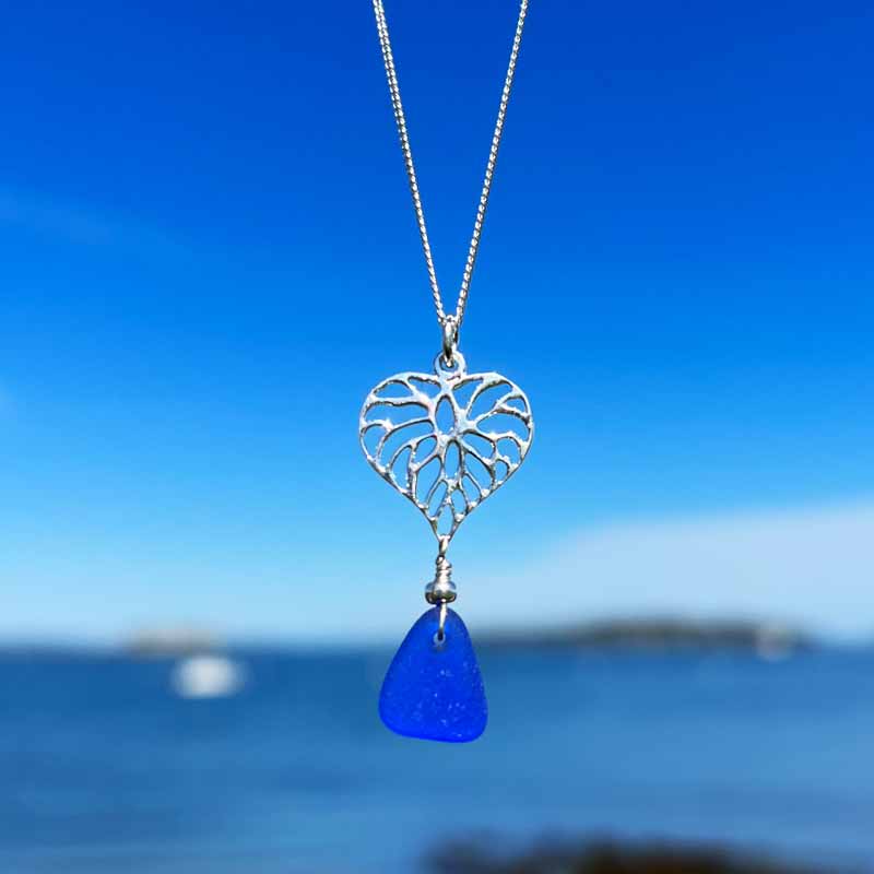 Cobalt Blue Sea Glass Filigree Heart Necklace 01