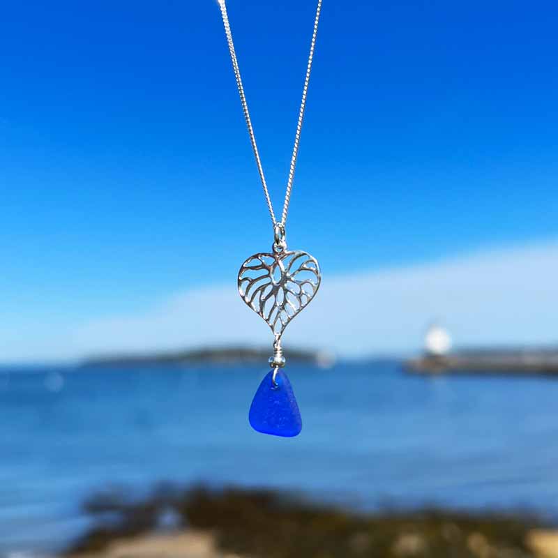 Cobalt Blue Sea Glass Filigree Heart Necklace