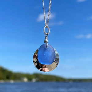 Light Blue Sea Glass on Hammered Sterling Silver Disc Necklace