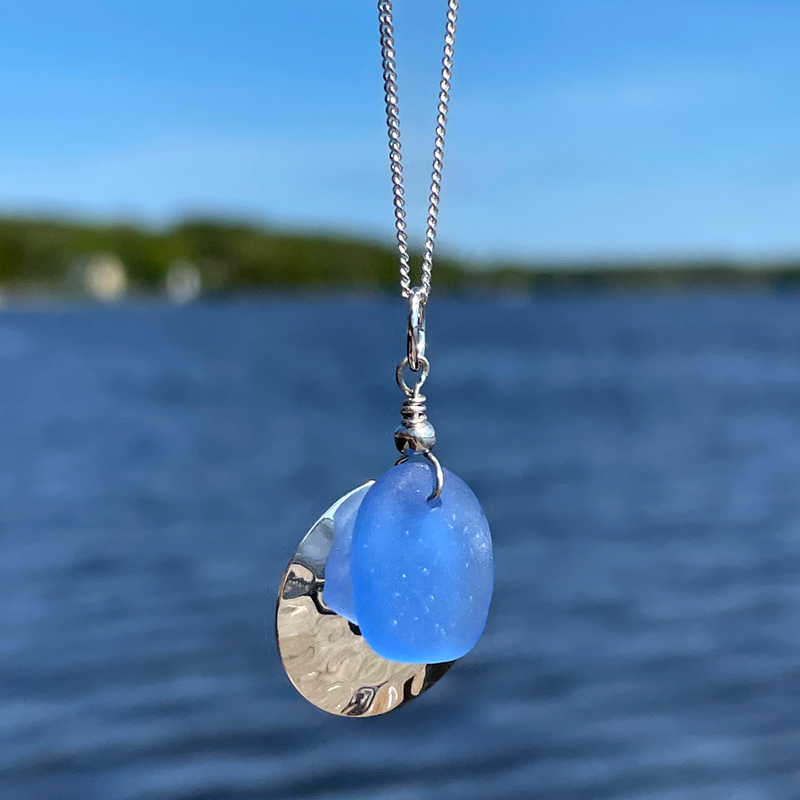 Light Blue Sea Glass on Hammered Sterling Silver Disc Necklace