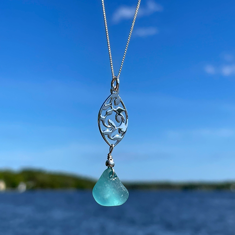 Light Teal Silver Filigree Sea Glass Necklace
