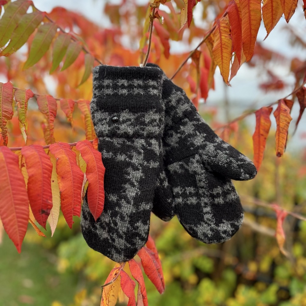 Black and Charcoal Wool Sweater Mittens