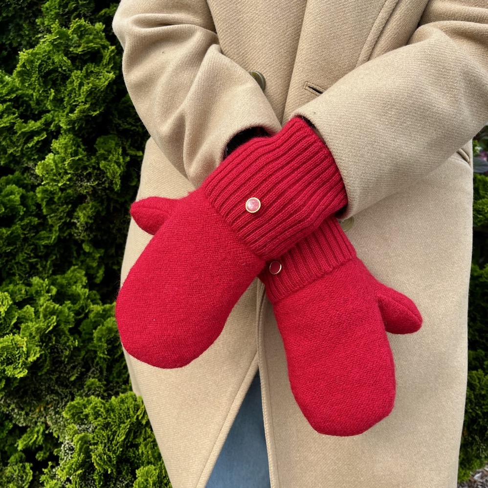 Cherry Red Wool Sweater Mittens