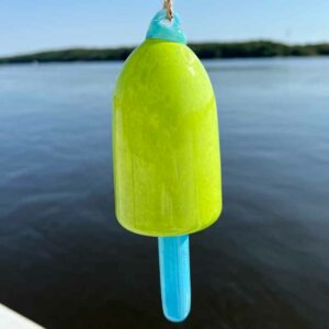 Chartreuse Blown Glass Lobster Buoy with Light Blue Spindle