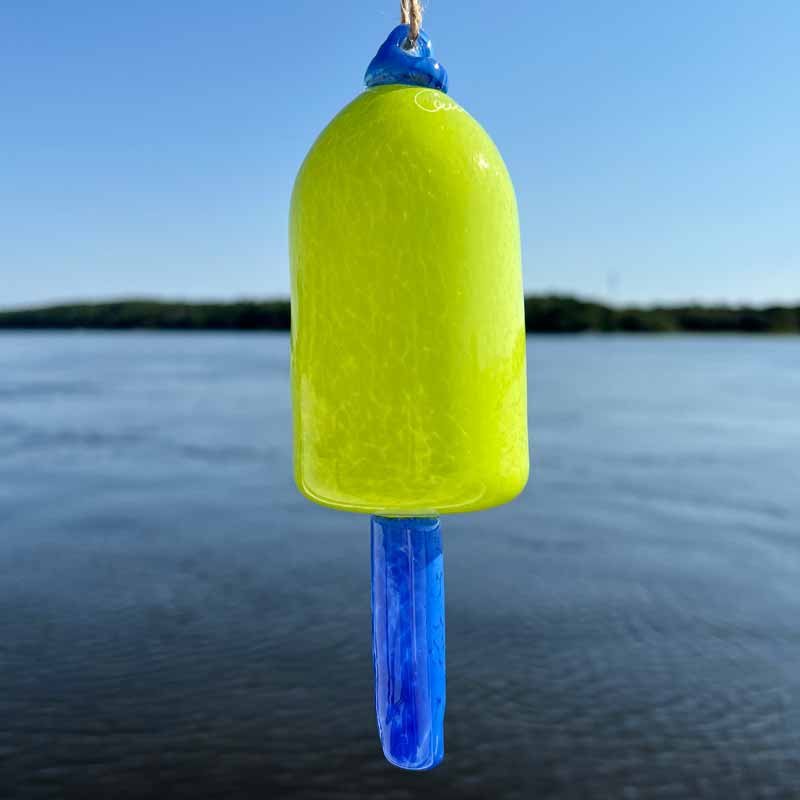 Chartreuse Blown Glass Lobster Buoy with Sky Blue Spindle