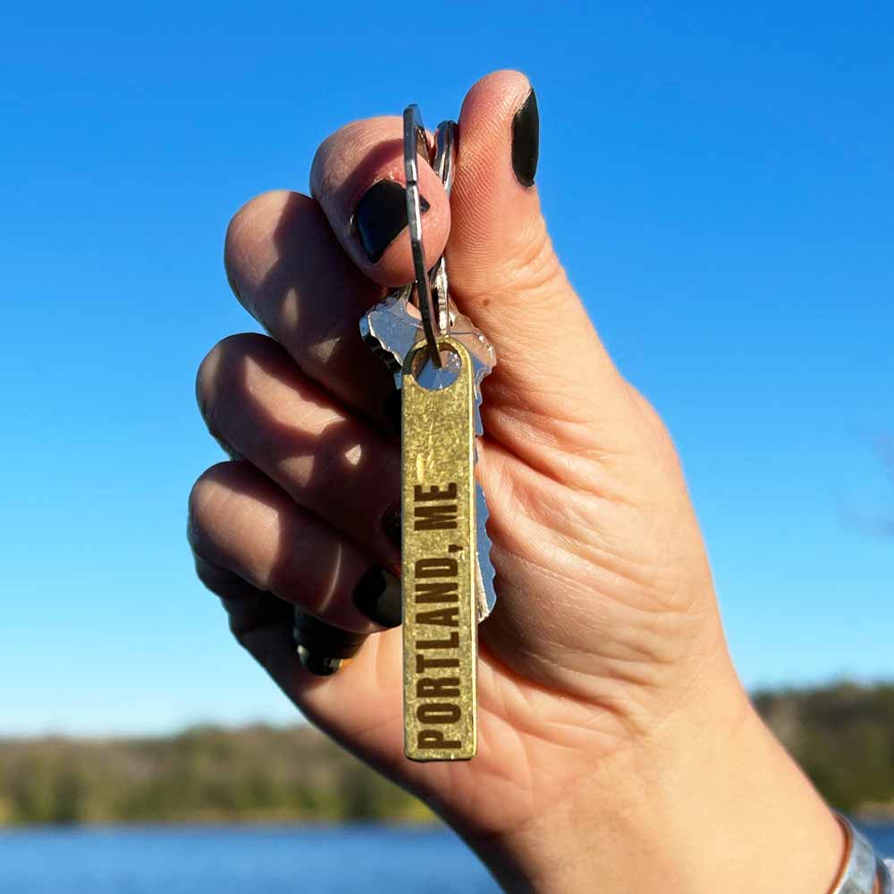 Portland, Maine / Latitude & Longitude Brass Bar Keychain