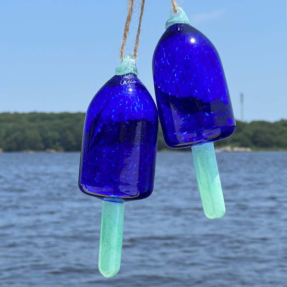 Cobalt Blown Glass Buoy with Chartreuse Spindle