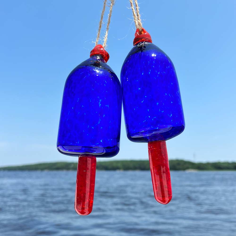 Cobalt Blown Glass Buoy with Red Spindle