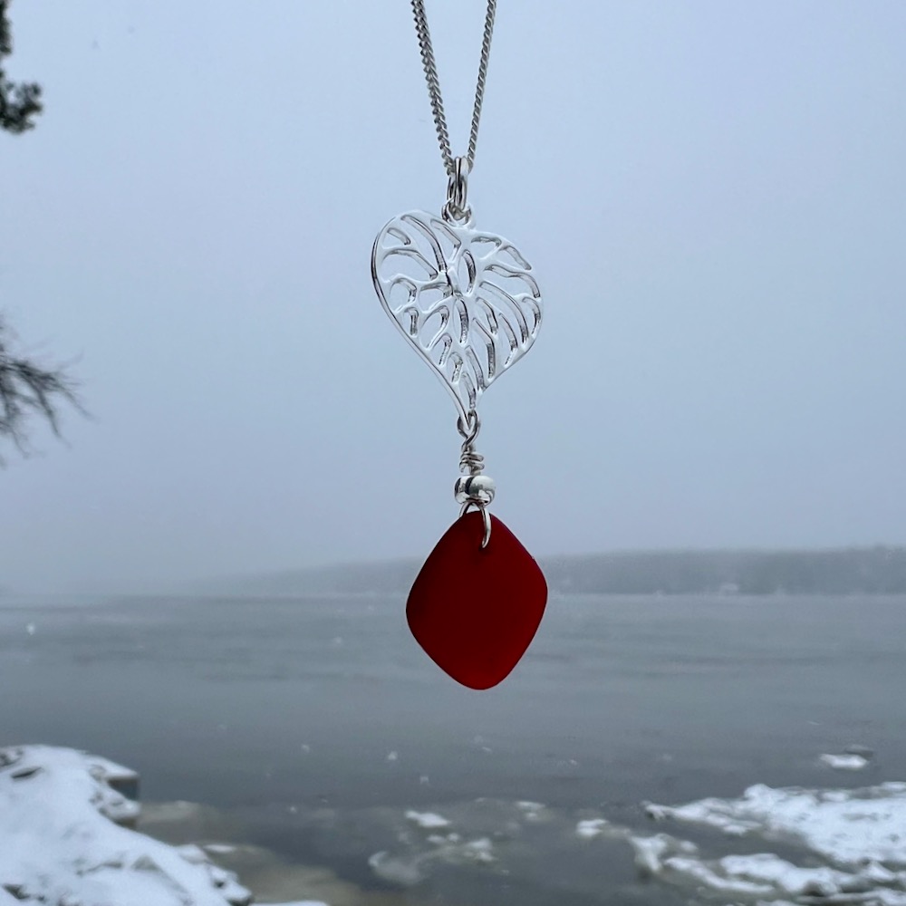 Rare Red Sea Glass Necklace with Filigree Heart