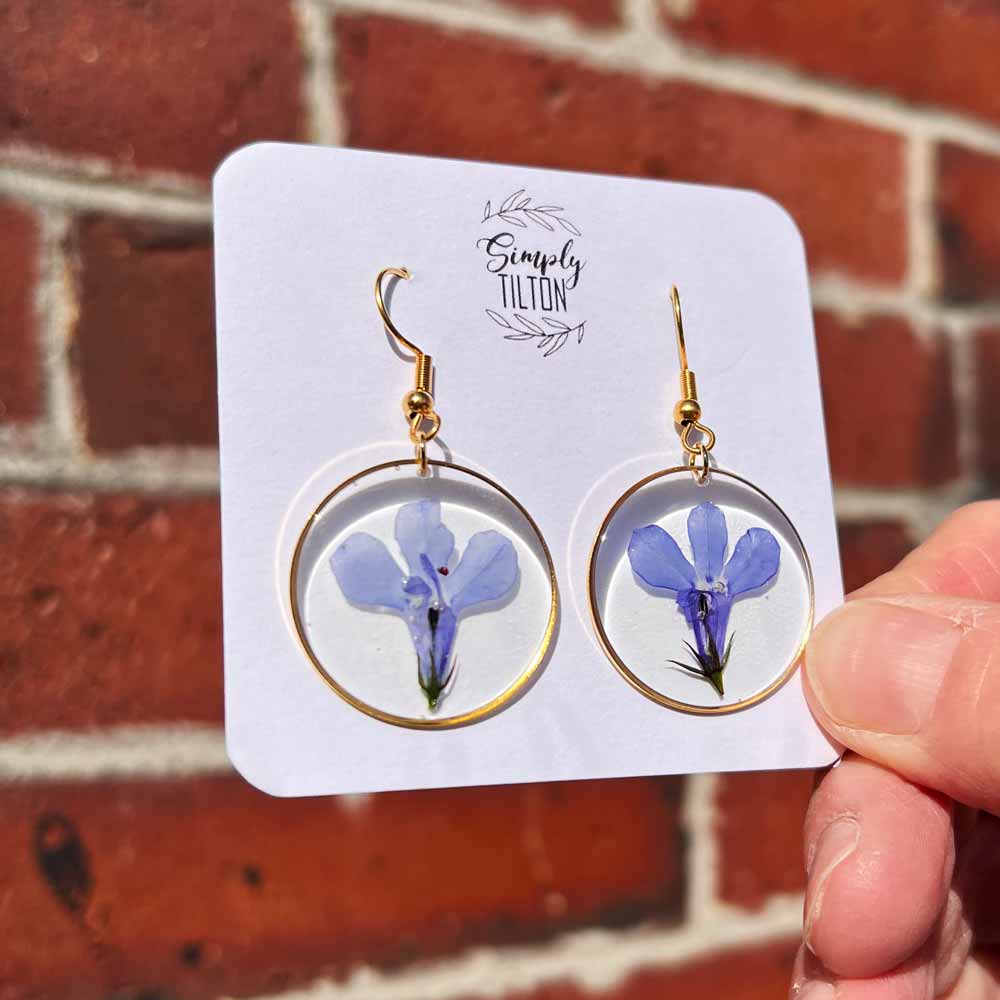 Blue Lobelia Flowers in 14K Gold Plated Earrings