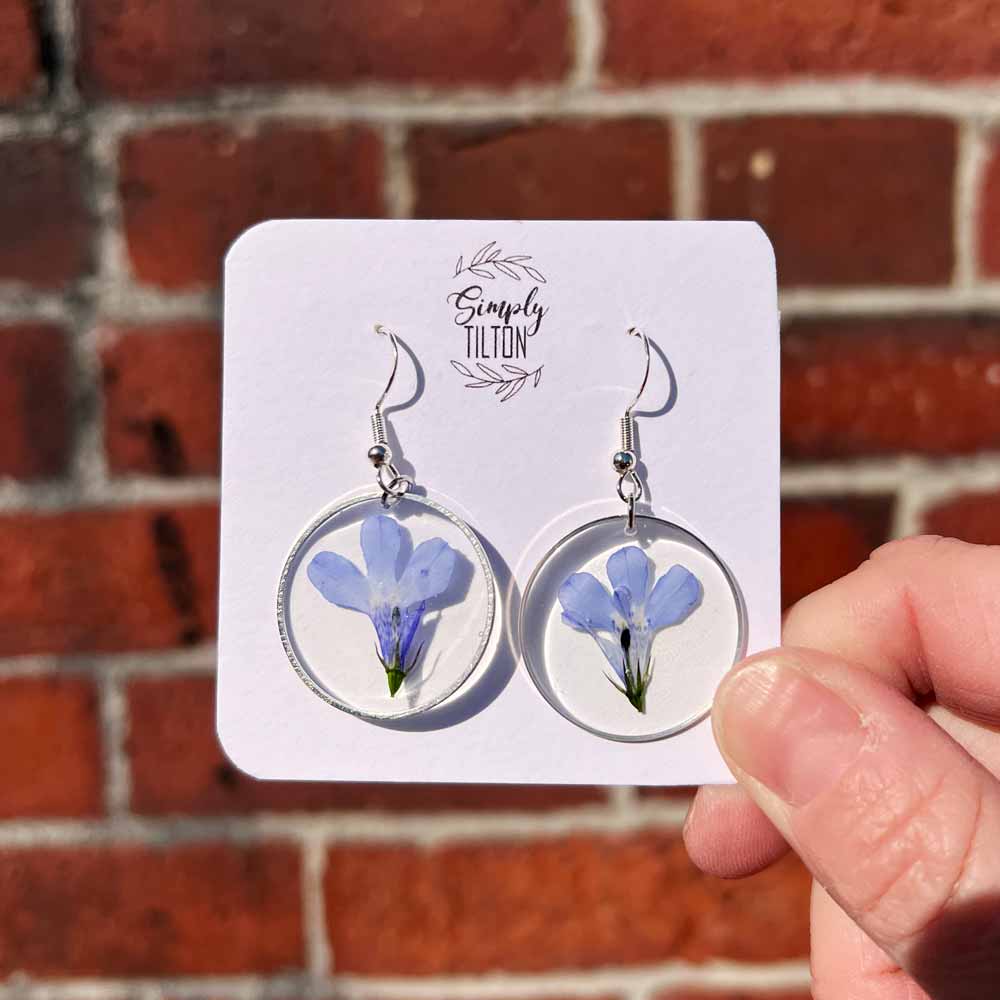 Blue Lobelia Flowers in Silver Plated Earrings