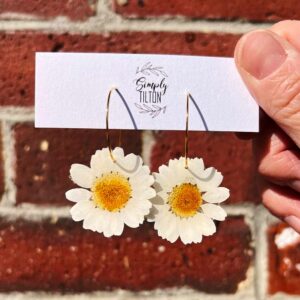 White Daisy Earrings with gold hoops