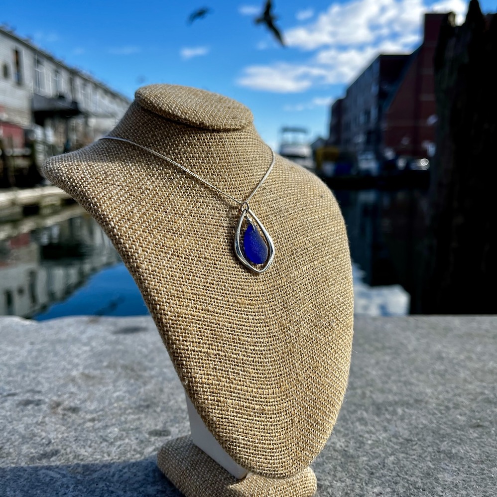Cobalt Blue Sea Glass within Silver Teardrop Necklace