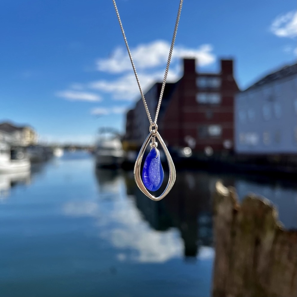 Cobalt Blue Sea Glass within Silver Teardrop Necklace