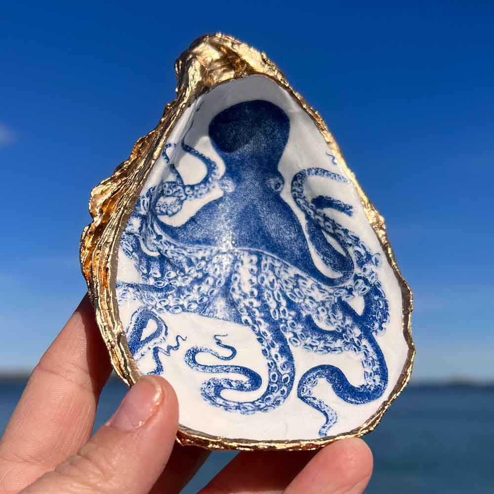 Blue Chintz Octopus Oyster Shell Ring Dish