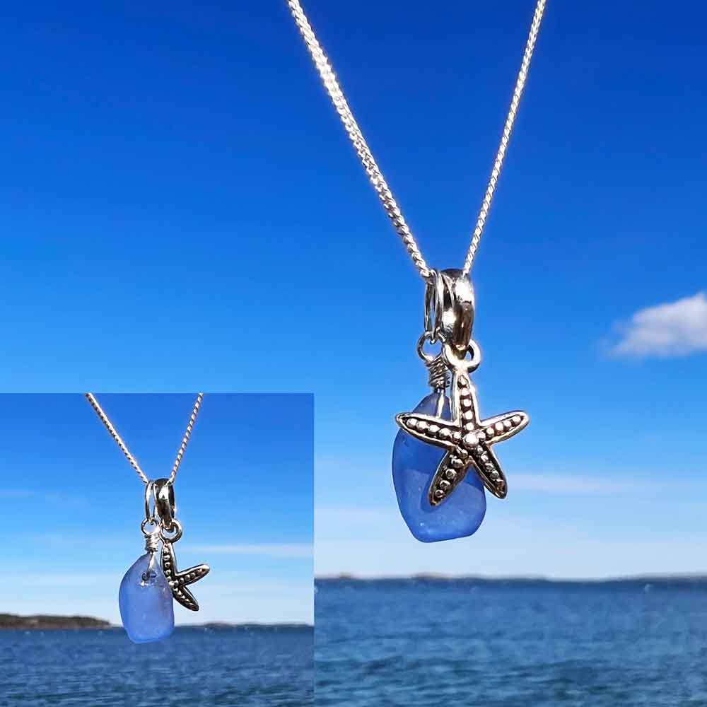 Light Blue Sea Glass with Tiny Starfish Necklace