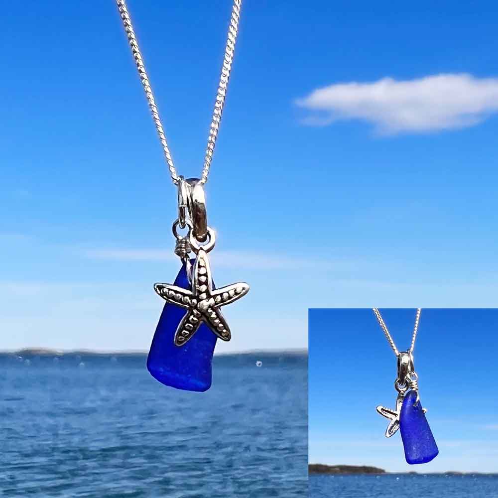 Cobalt Blue Sea Glass with Tiny Starfish Necklace