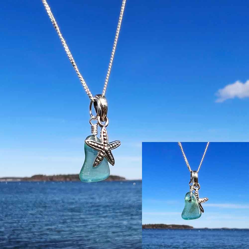 Teal Sea Glass with Tiny Starfish Necklace